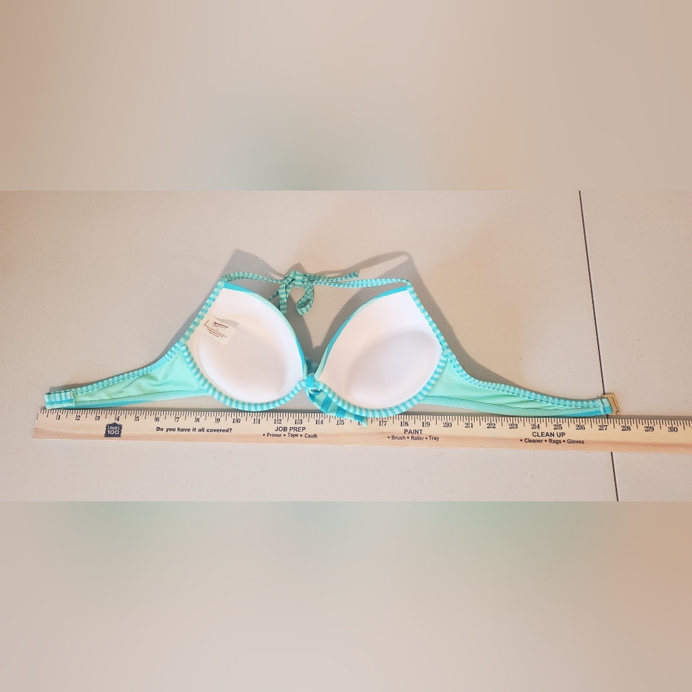 Arizona Jean Bikini Top Push Up Padded Lifht Blue Light Green Striped Size Large - Picture 7 of 10